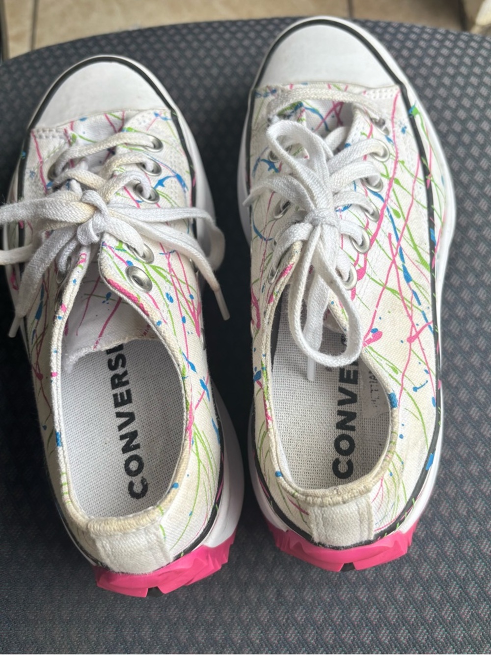 Converse Kids White Canvas Sneakers with Blue, Pink, and Green Paint-Splash - Picture 2 of 4